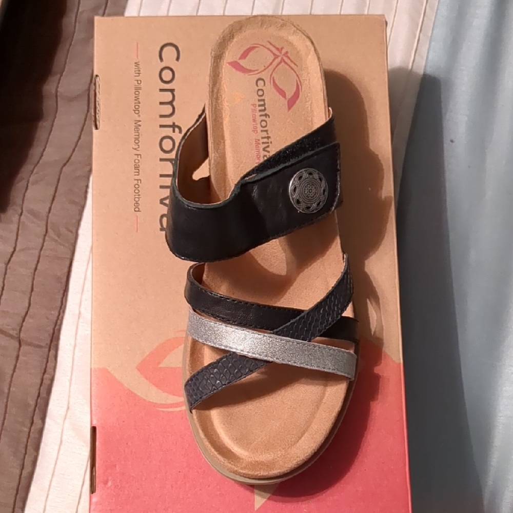 Comfortiva Black and Silver Sandals Minimalist Design